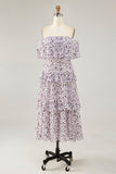 Off The Shoulder Purple Flower Printed A Line Long Wedding Guest Dress