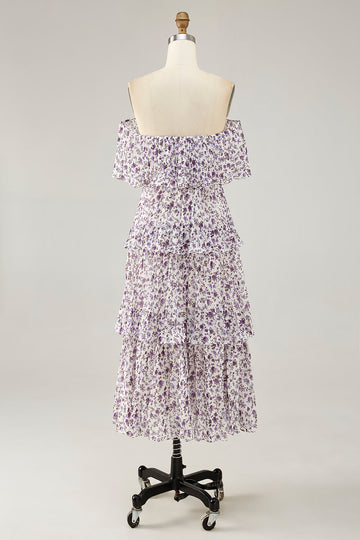 Off The Shoulder Purple Flower Printed A Line Long Wedding Guest Dress