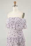 Off The Shoulder Purple Flower Printed A Line Long Wedding Guest Dress