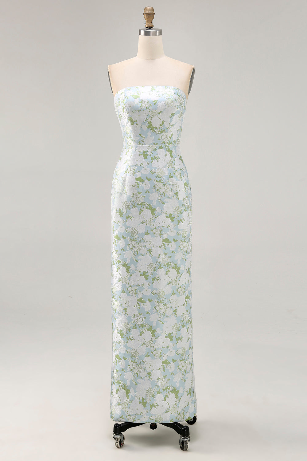 White Blue Flower Strapless Printed Sheath Long Bridesmaid Dress