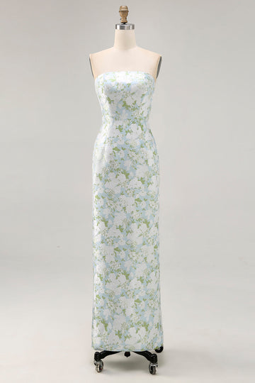 White Blue Flower Strapless Printed Sheath Long Bridesmaid Dress