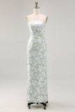 White Blue Flower Strapless Printed Sheath Long Bridesmaid Dress
