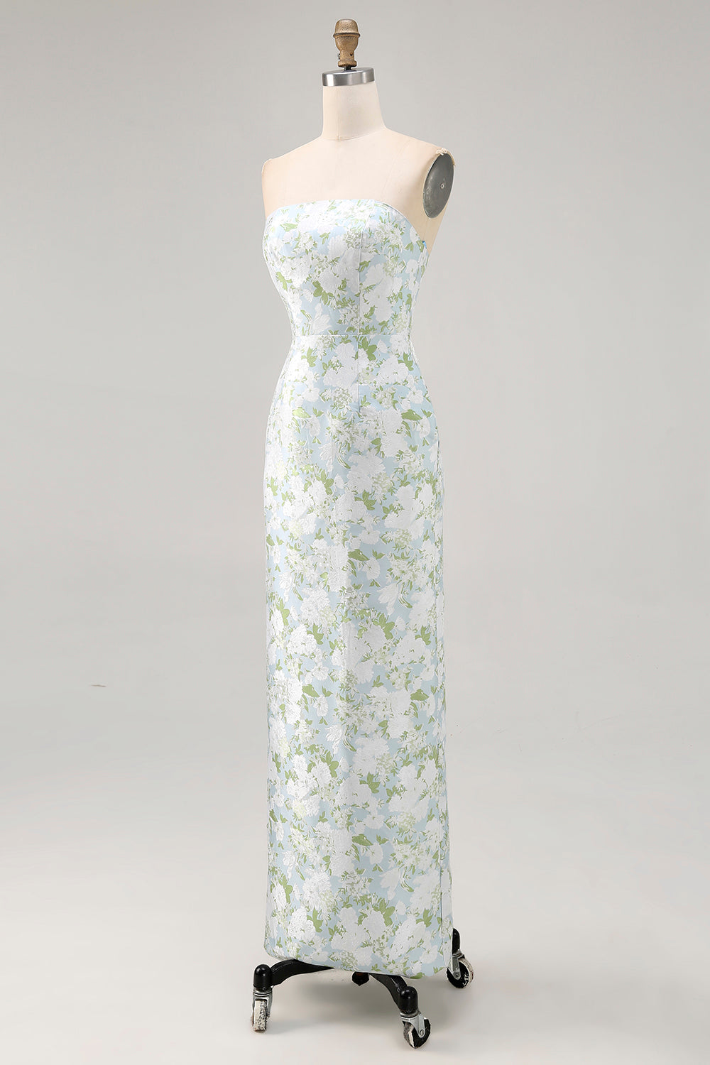 White Blue Flower Strapless Printed Sheath Long Bridesmaid Dress