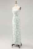 White Blue Flower Strapless Printed Sheath Long Bridesmaid Dress