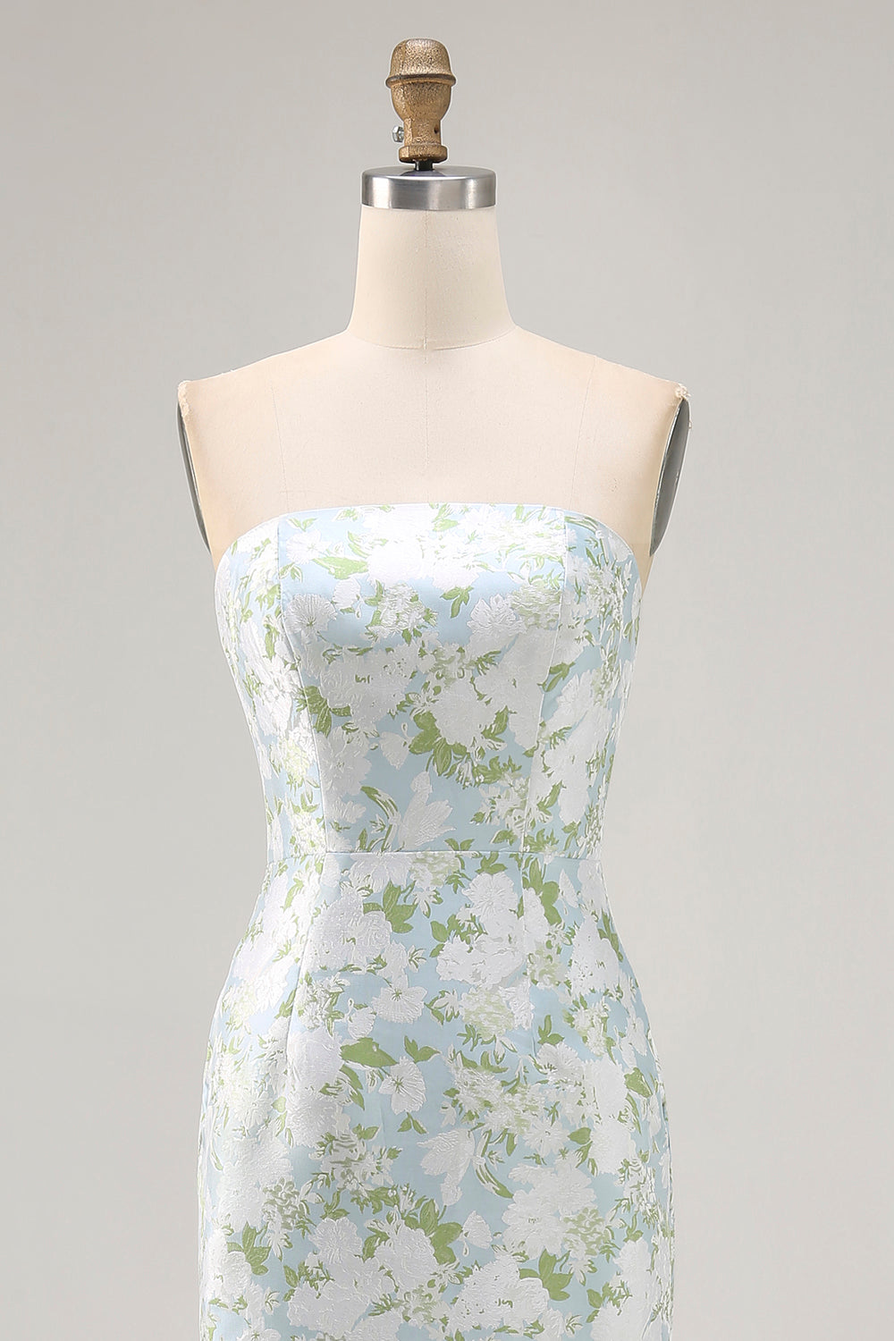 White Blue Flower Strapless Printed Sheath Long Bridesmaid Dress