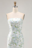 White Blue Flower Strapless Printed Sheath Long Bridesmaid Dress
