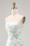 White Blue Flower Strapless Printed Sheath Long Bridesmaid Dress