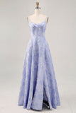 Blue A-Line Floral Corset Long Formal Dress with Slit