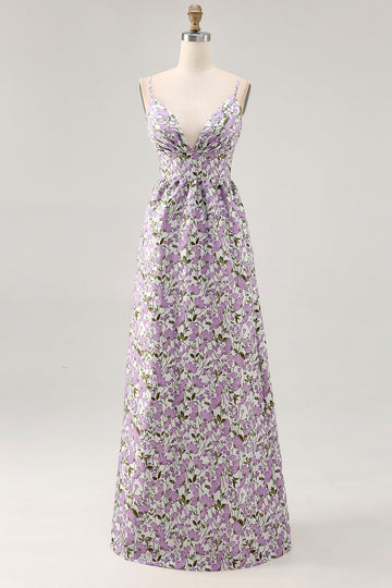 Purple Flower A Line Printed Spaghetti Straps Long Bridesmaid Dress