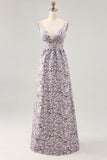 Purple Flower A Line Printed Spaghetti Straps Long Bridesmaid Dress