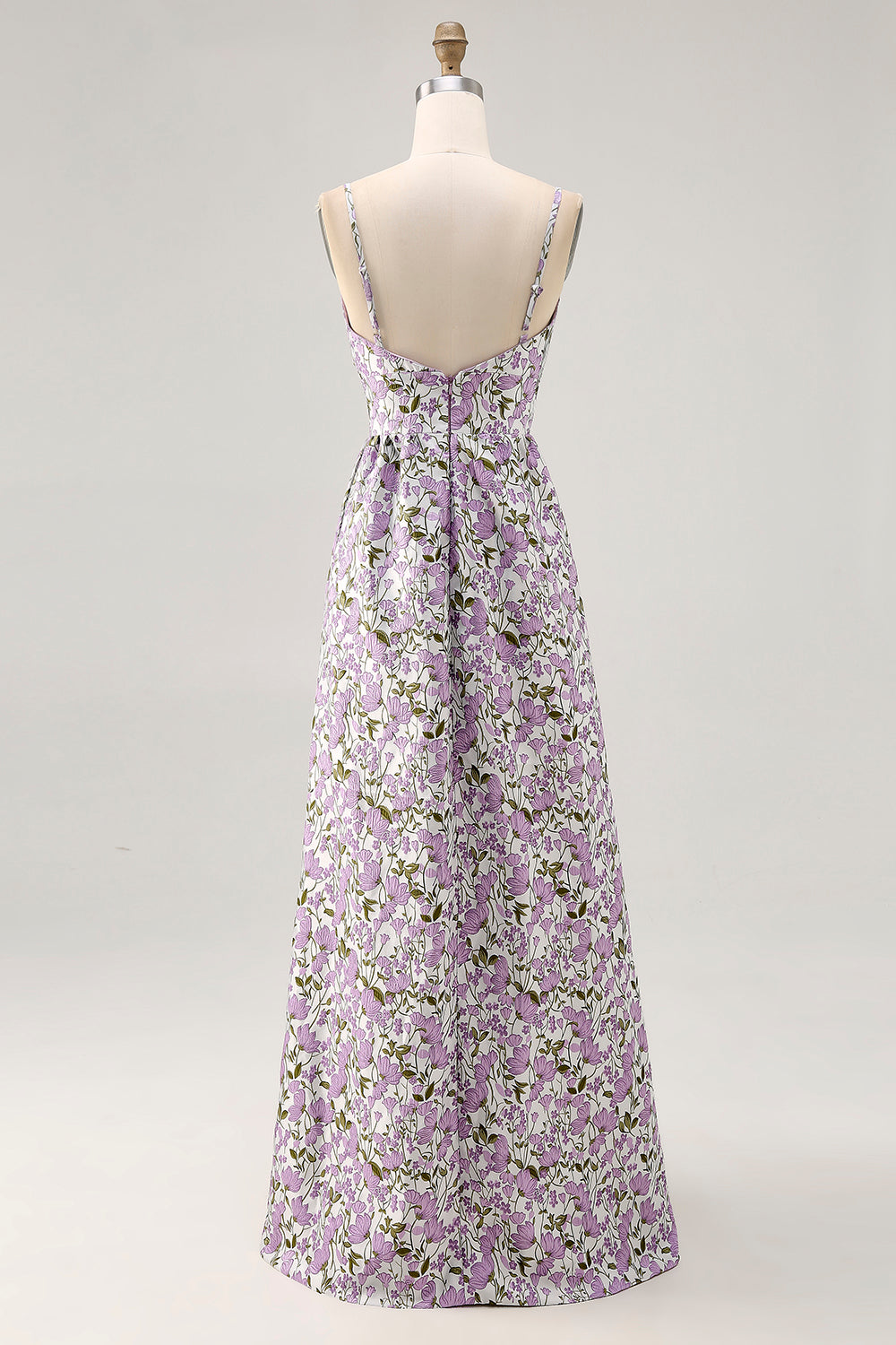 Purple Flower A Line Printed Spaghetti Straps Long Bridesmaid Dress