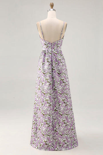 Purple Flower A Line Printed Spaghetti Straps Long Bridesmaid Dress
