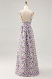 Purple Flower A Line Printed Spaghetti Straps Long Bridesmaid Dress