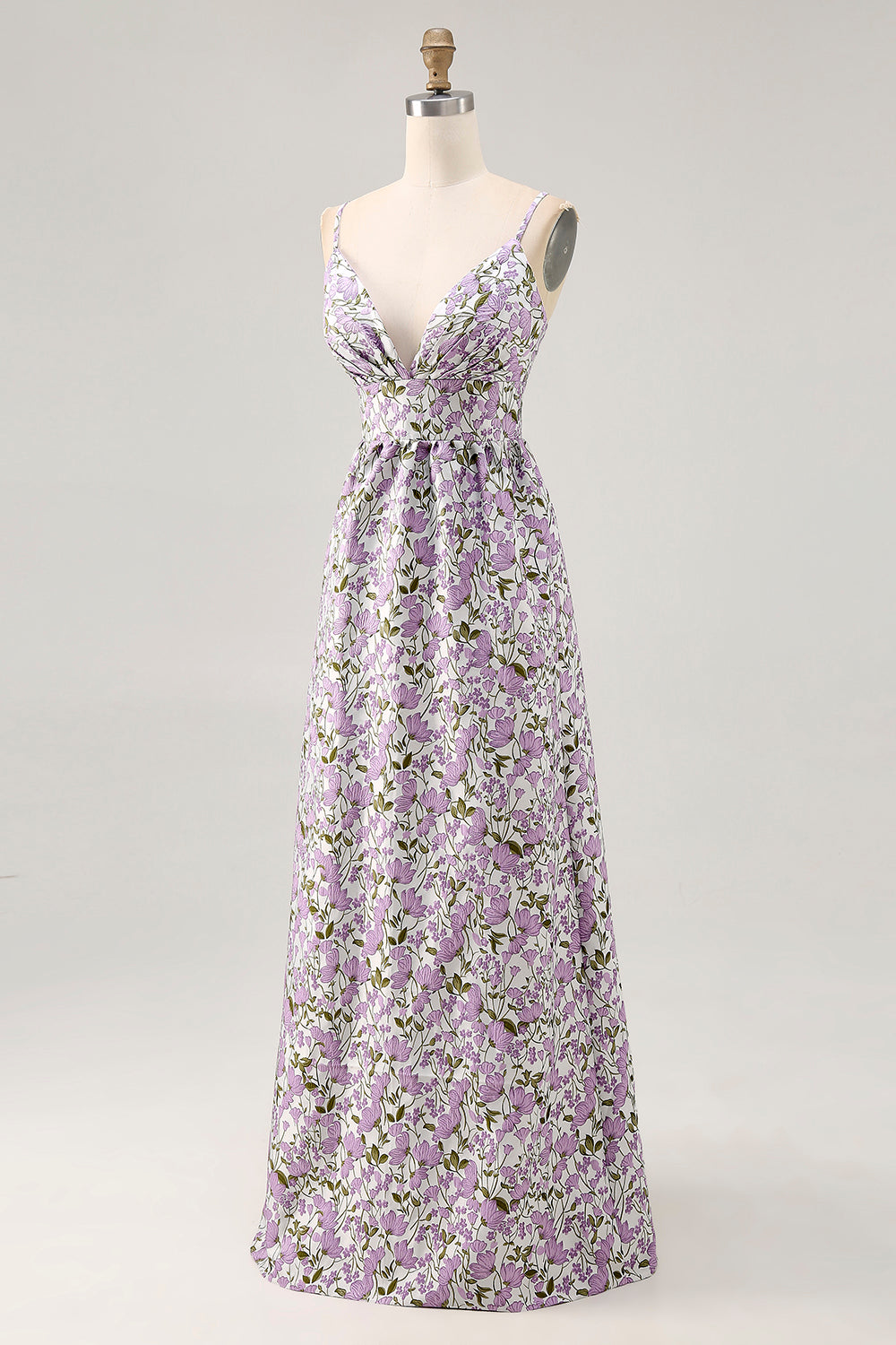 Purple Flower A Line Printed Spaghetti Straps Long Bridesmaid Dress
