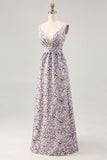 Purple Flower A Line Printed Spaghetti Straps Long Bridesmaid Dress