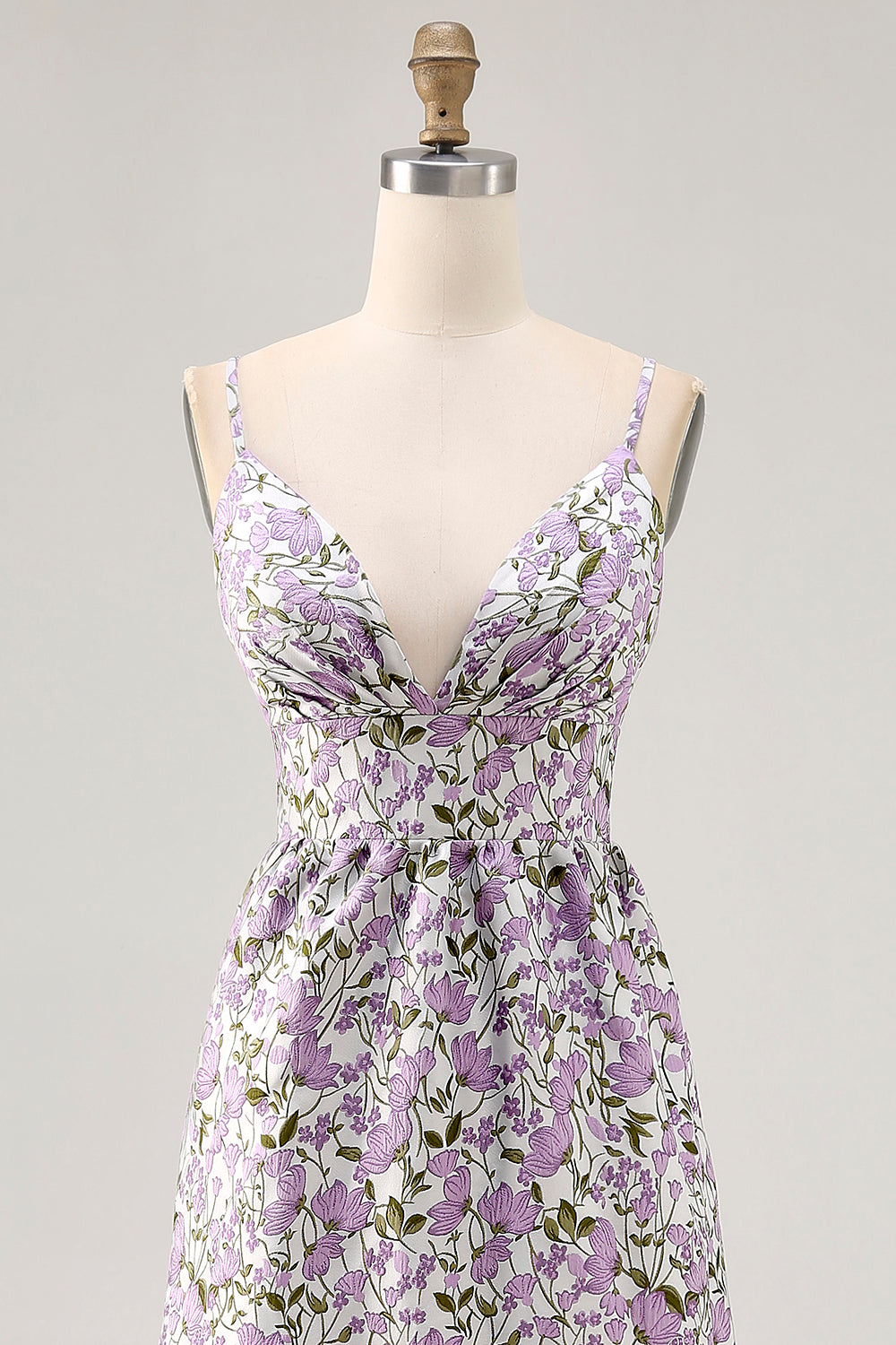 Purple Flower A Line Printed Spaghetti Straps Long Bridesmaid Dress