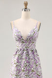 Purple Flower A Line Printed Spaghetti Straps Long Bridesmaid Dress