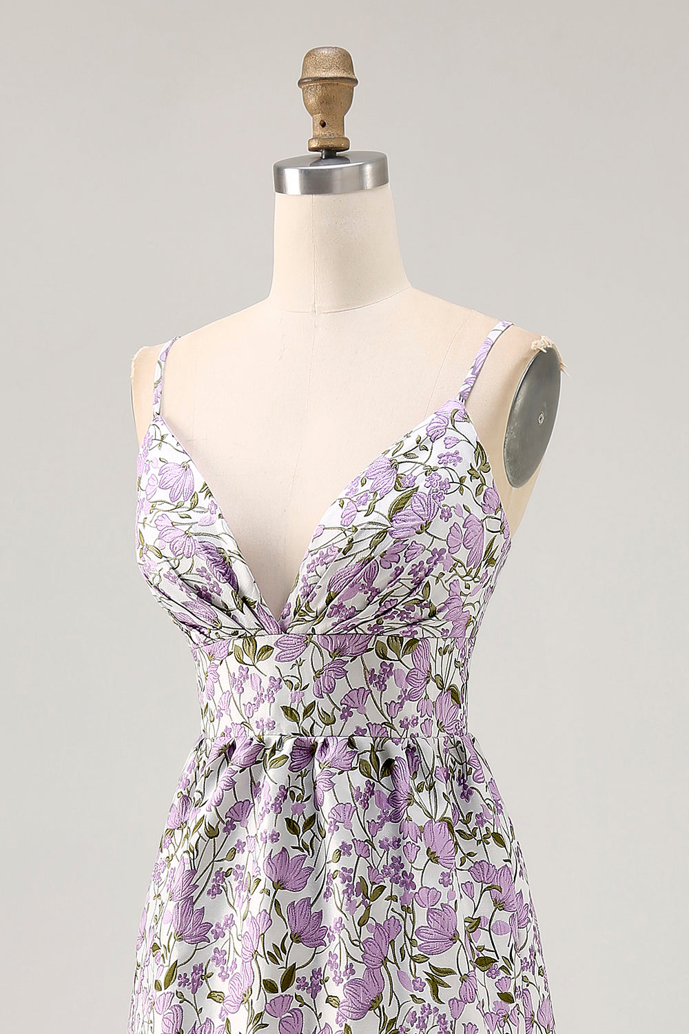 Purple Flower A Line Printed Spaghetti Straps Long Bridesmaid Dress