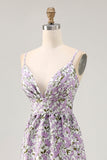 Purple Flower A Line Printed Spaghetti Straps Long Bridesmaid Dress