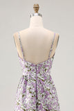 Purple Flower A Line Printed Spaghetti Straps Long Bridesmaid Dress