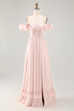 Off The Shoulder Blush Ruffled Corset Long Bridesmaid Dress with Slit