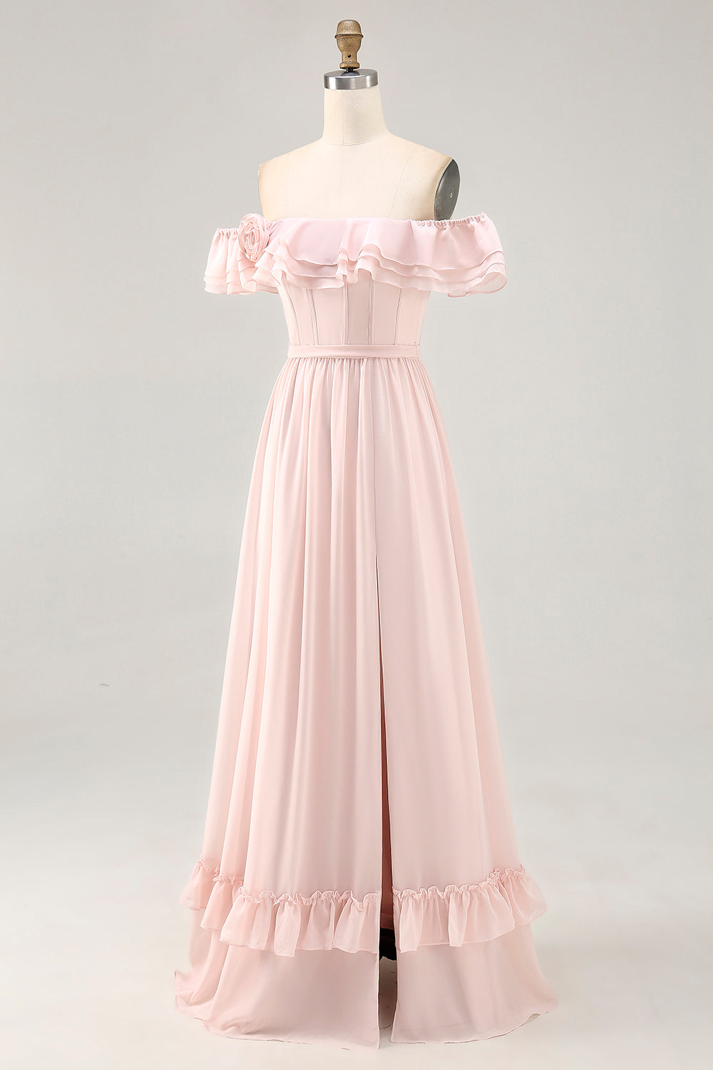 Off The Shoulder Blush Ruffled Corset Long Bridesmaid Dress with Slit