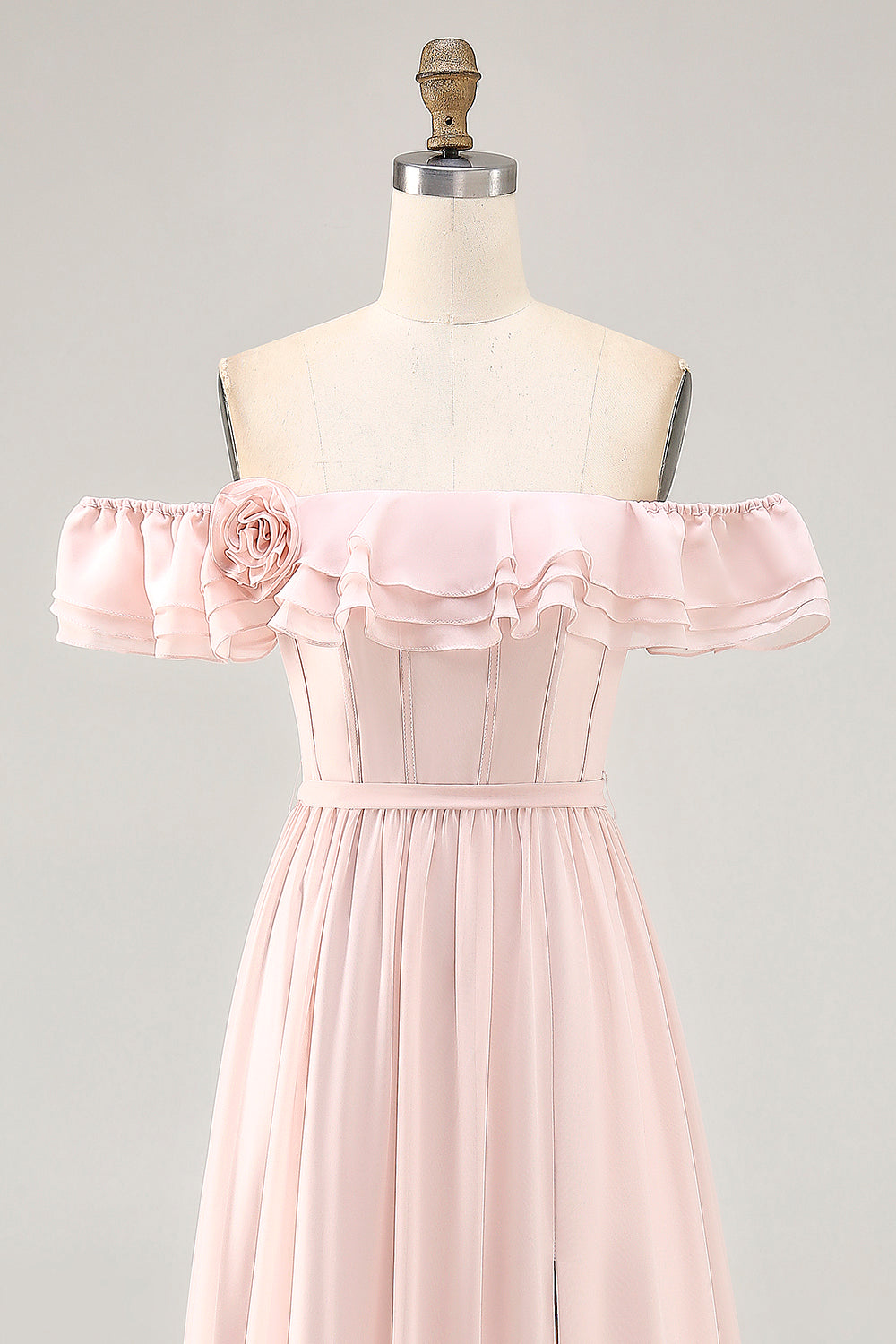 Off The Shoulder Blush Ruffled Corset Long Bridesmaid Dress with Slit