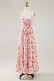 Blush Floral Pleated A Line Spaghetti Straps Long Wedding Guest Dress