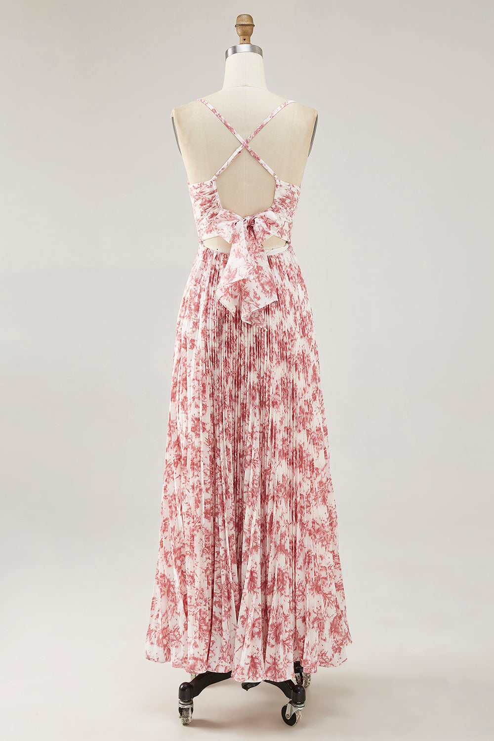 Blush Floral Pleated A Line Spaghetti Straps Long Wedding Guest Dress
