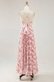 Blush Floral Pleated A Line Spaghetti Straps Long Wedding Guest Dress