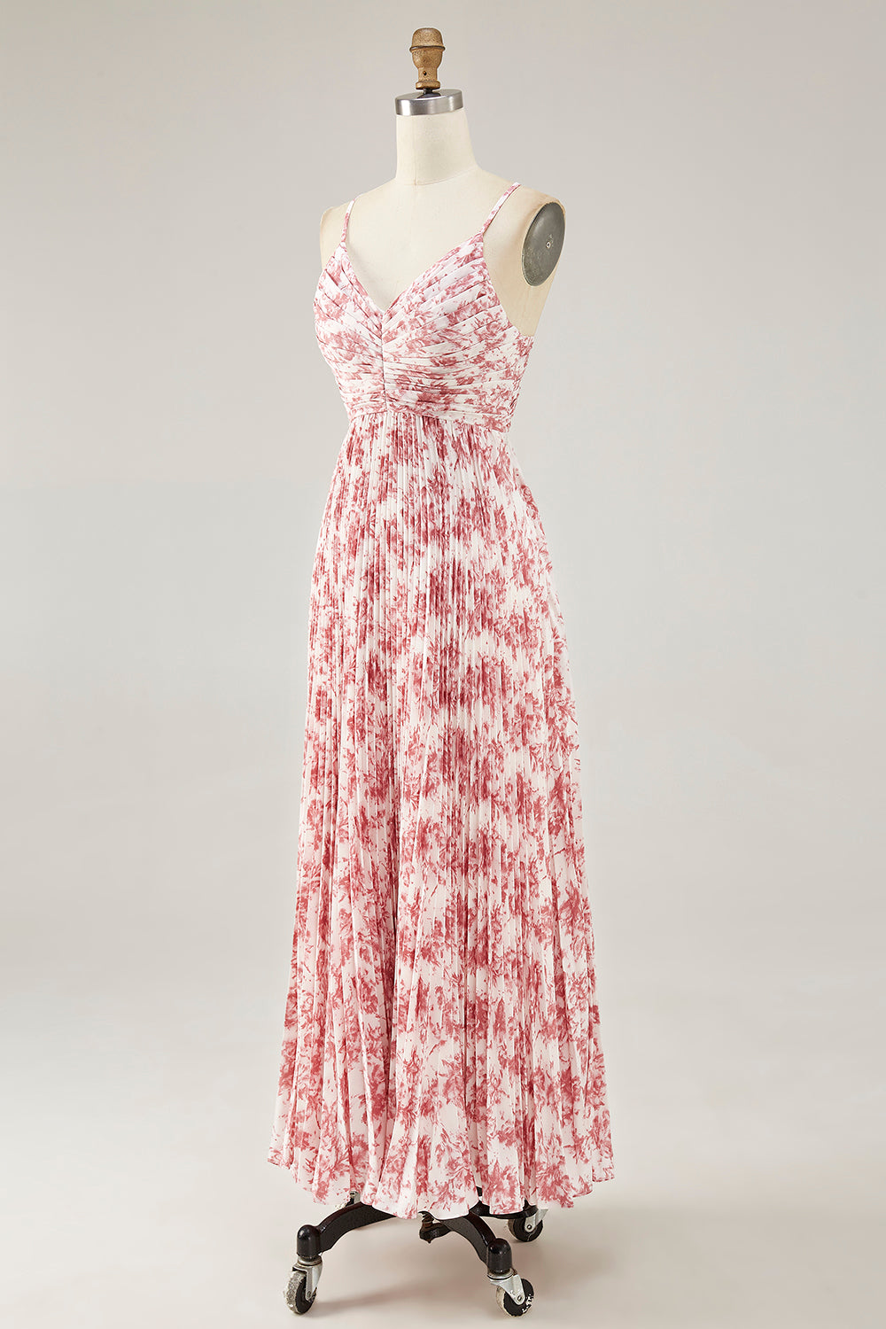 Blush Floral Pleated A Line Spaghetti Straps Long Wedding Guest Dress