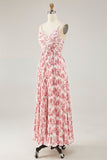 Blush Floral Pleated A Line Spaghetti Straps Long Wedding Guest Dress