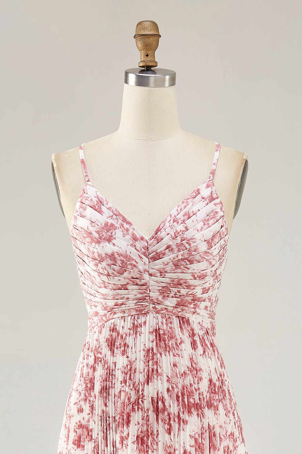 Blush Floral Pleated A Line Spaghetti Straps Long Wedding Guest Dress