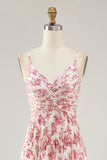 Blush Floral Pleated A Line Spaghetti Straps Long Wedding Guest Dress