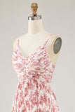 Blush Floral Pleated A Line Spaghetti Straps Long Wedding Guest Dress