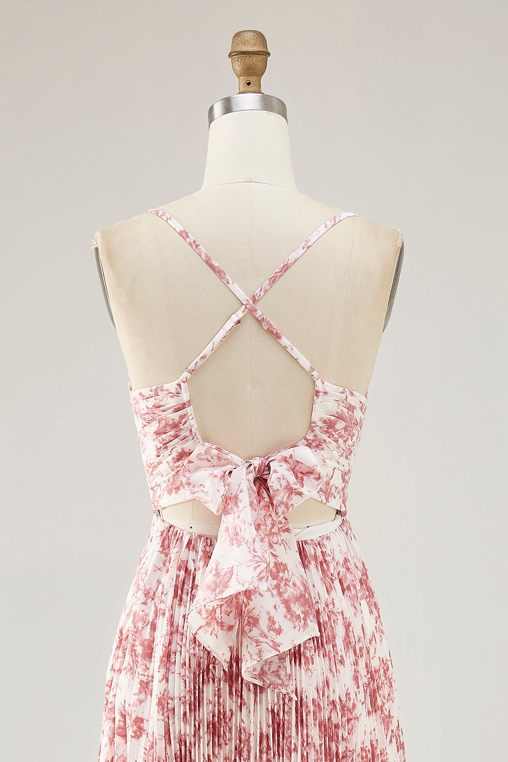 Blush Floral Pleated A Line Spaghetti Straps Long Wedding Guest Dress