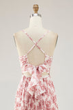 Blush Floral Pleated A Line Spaghetti Straps Long Wedding Guest Dress