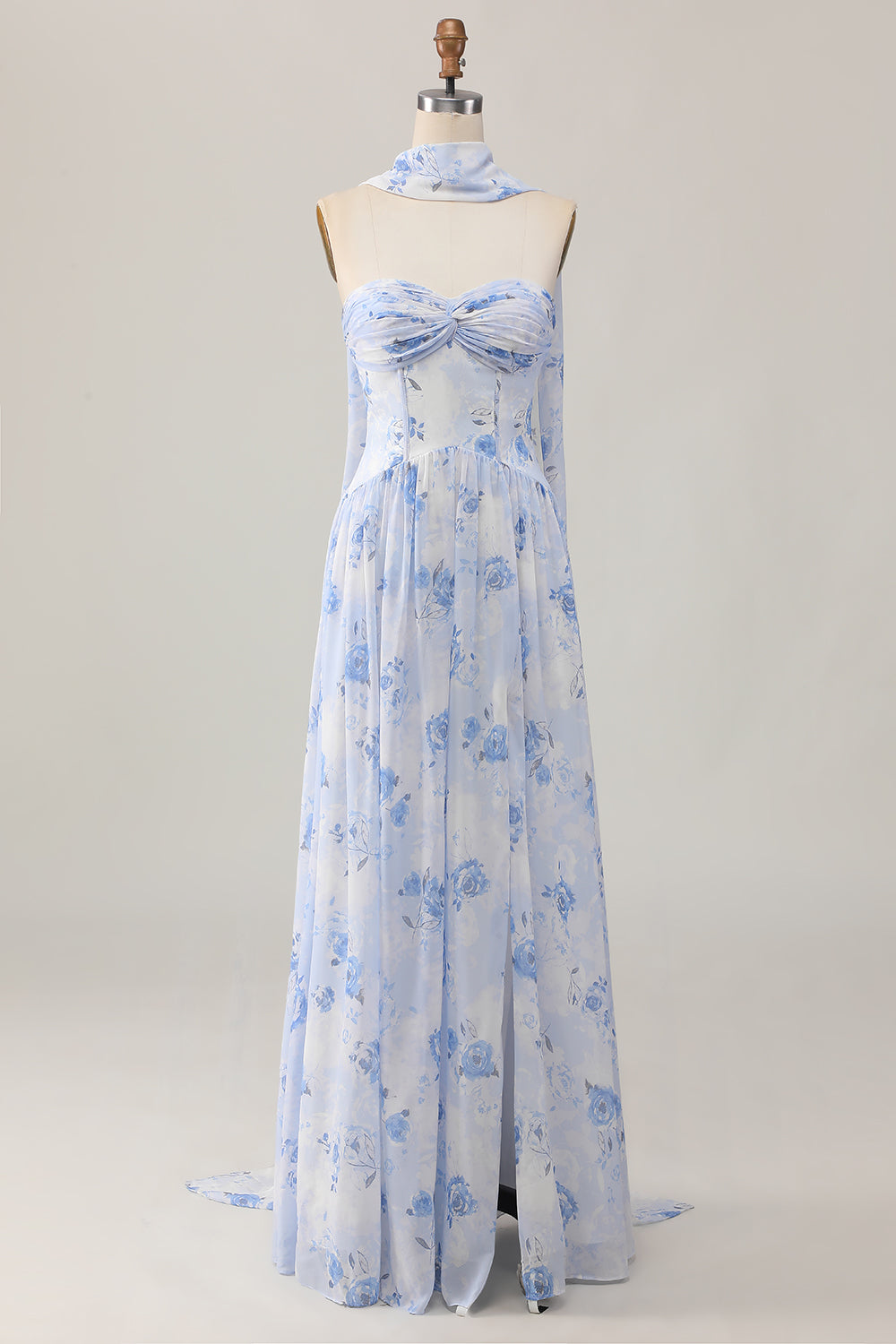 Dusty Rose Flower Printed Sweetheart Long Bridesmaid Dress with Slit