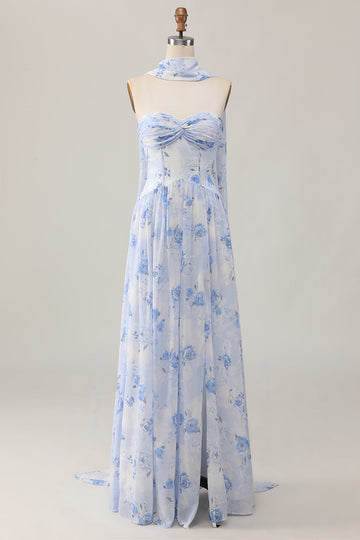 Blue Flower Printed Strapless A Line Long Bridesmaid Dress with Slit
