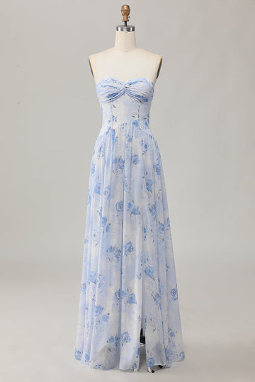 Blue Flower Printed Strapless A Line Long Bridesmaid Dress with Slit