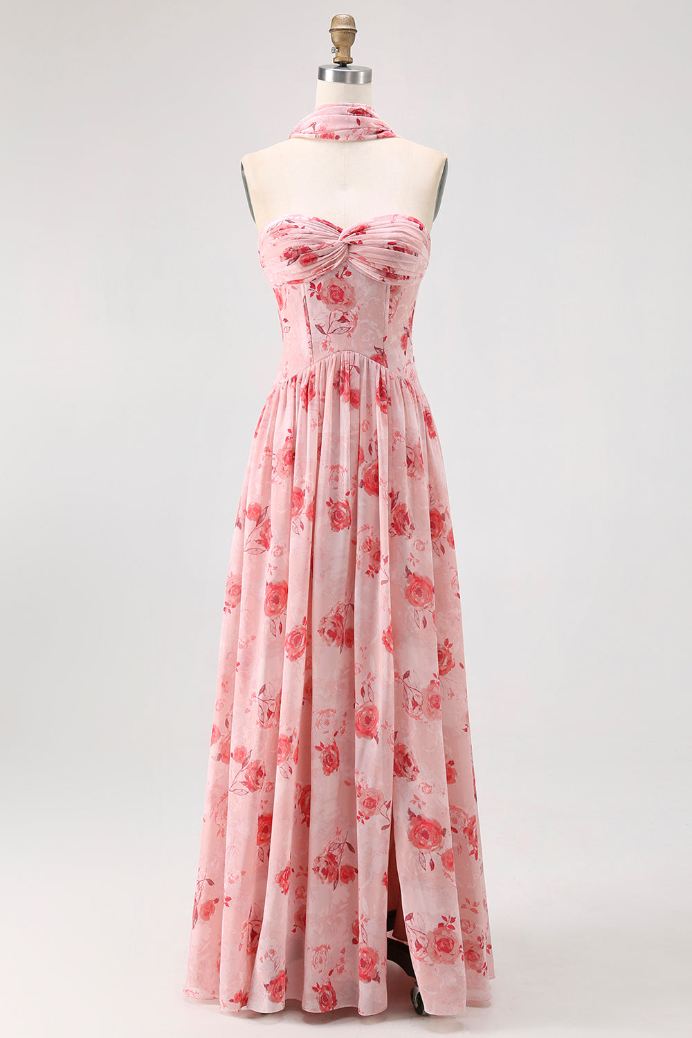 Dusty Rose Flower Printed Sweetheart Long Bridesmaid Dress with Slit