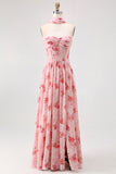 Dusty Rose Flower Printed Sweetheart Long Bridesmaid Dress with Slit
