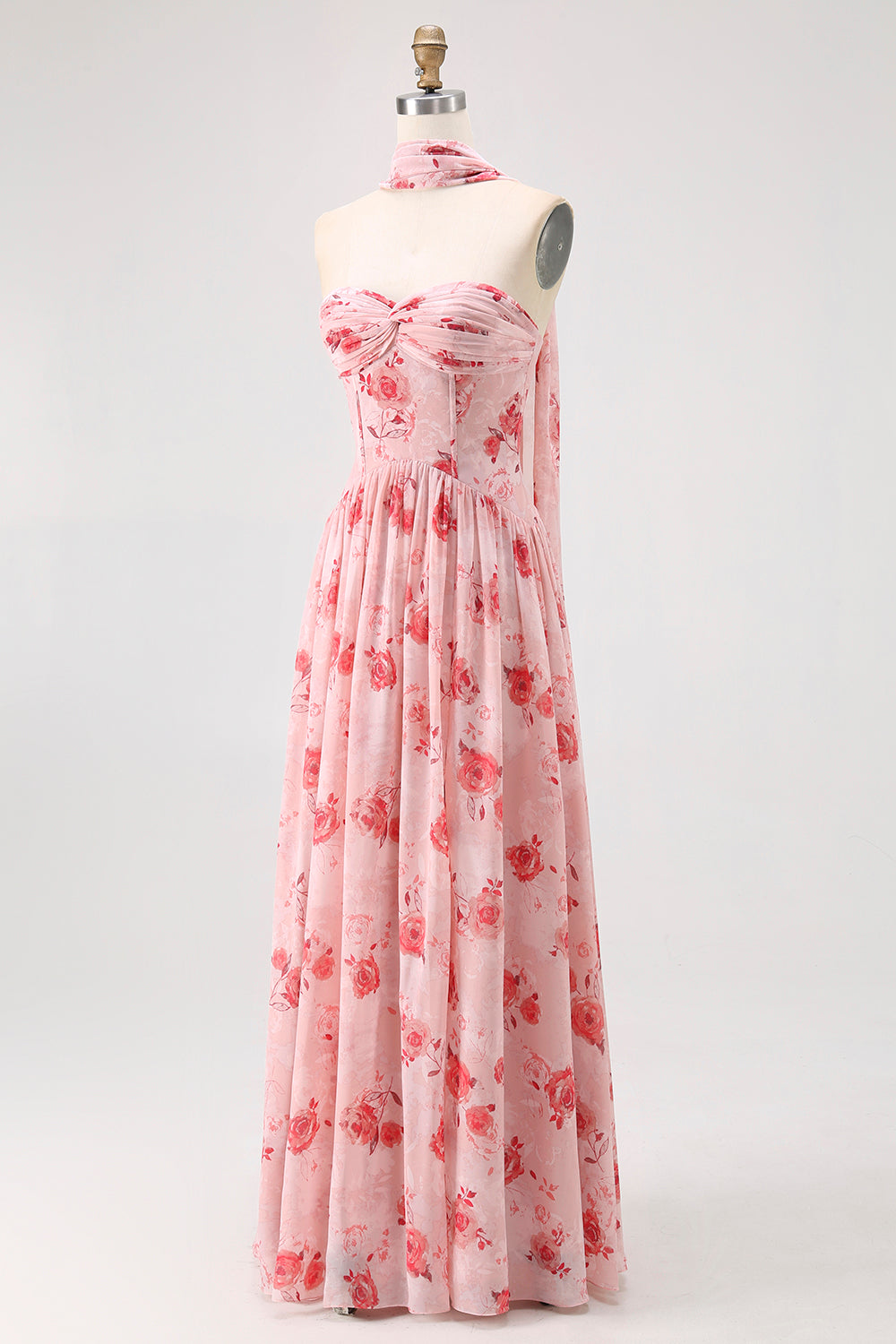 Dusty Rose Flower Printed Sweetheart Long Bridesmaid Dress with Slit