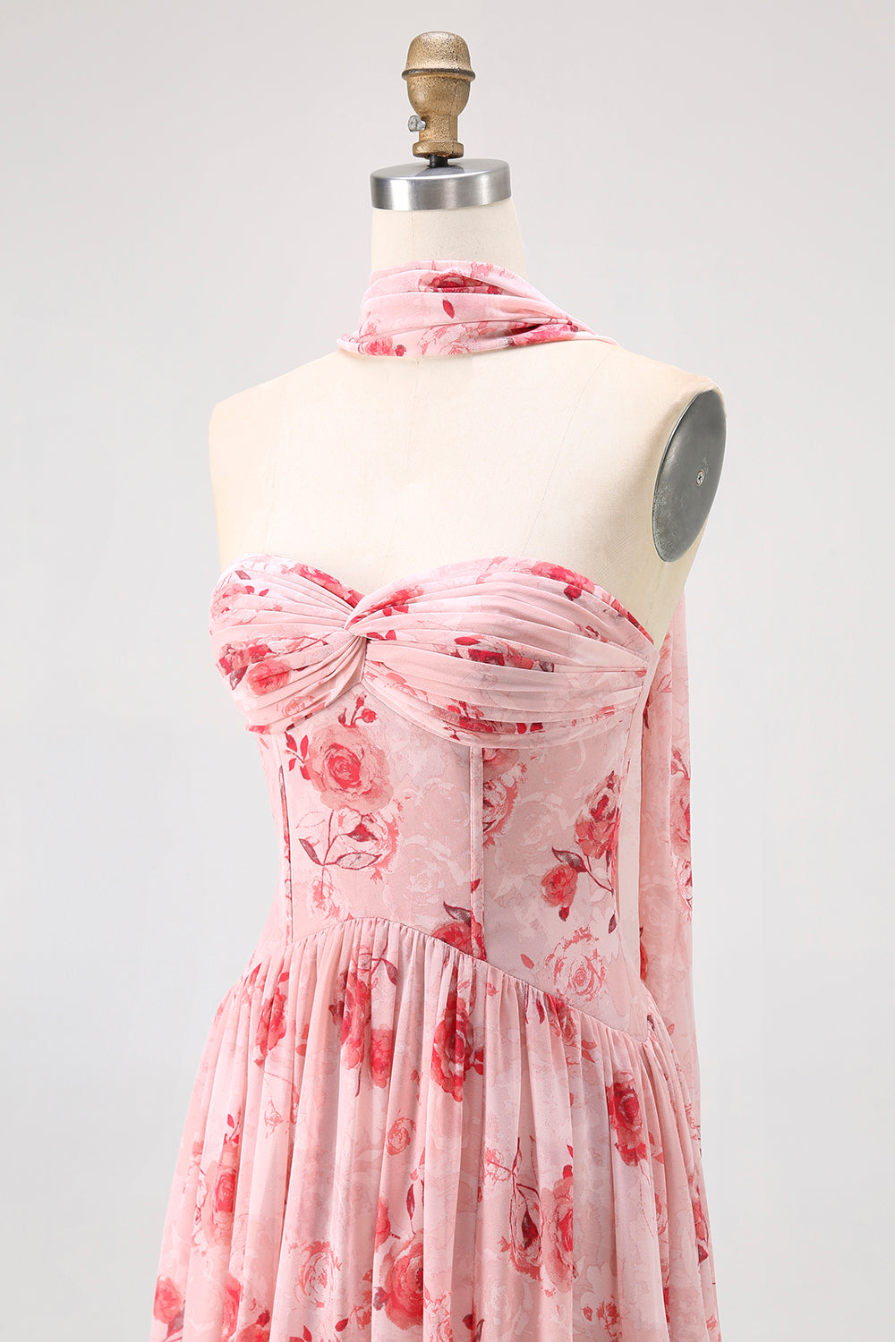 Dusty Rose Flower Printed Sweetheart Long Bridesmaid Dress with Slit