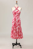 Red Flower Mermaid Halter Printed Midi Wedding Guest Dress