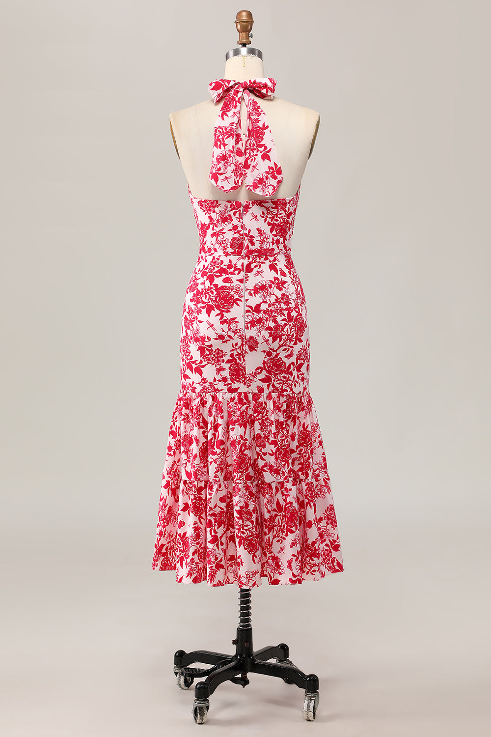 Red Flower Mermaid Halter Printed Midi Wedding Guest Dress