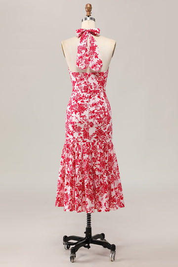Red Flower Mermaid Halter Printed Midi Wedding Guest Dress