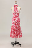 Red Flower Mermaid Halter Printed Midi Wedding Guest Dress
