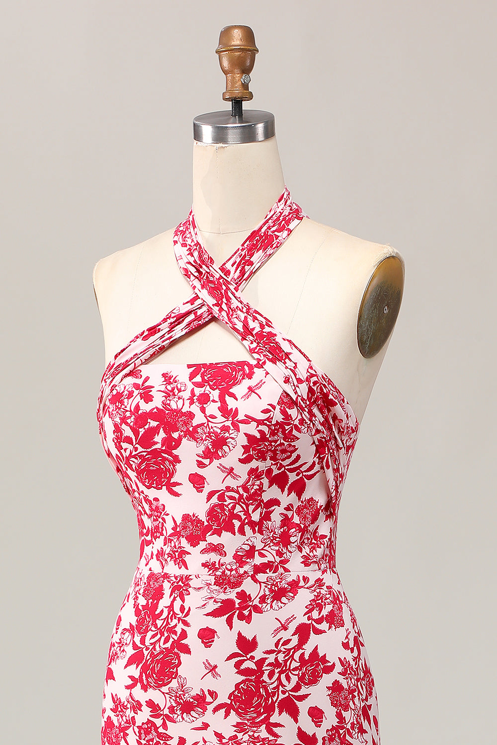 Red Flower Mermaid Halter Printed Midi Wedding Guest Dress