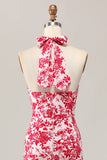 Red Flower Mermaid Halter Printed Midi Wedding Guest Dress